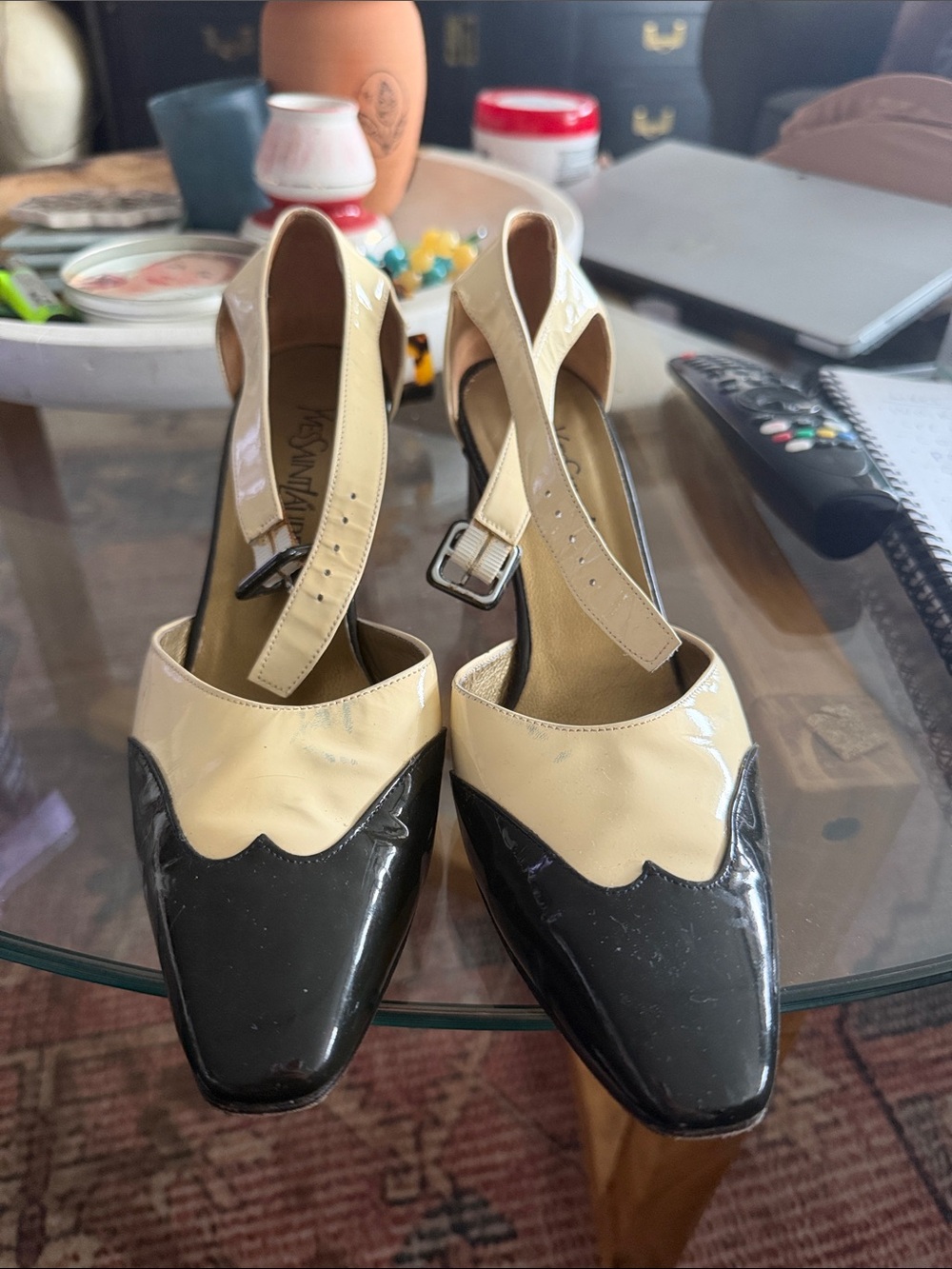 Yves Saint Laurent Two-Tone Patent Leather Slingback Pumps — Black & Cream